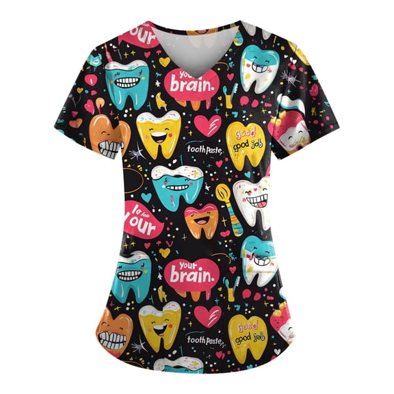 Xyxonk Scrub Tops for Women Funny Printed Plus Size V Neck Shirts Fashion Short Sleeve Stretch Nursing Uniforms with Pockets Brown S