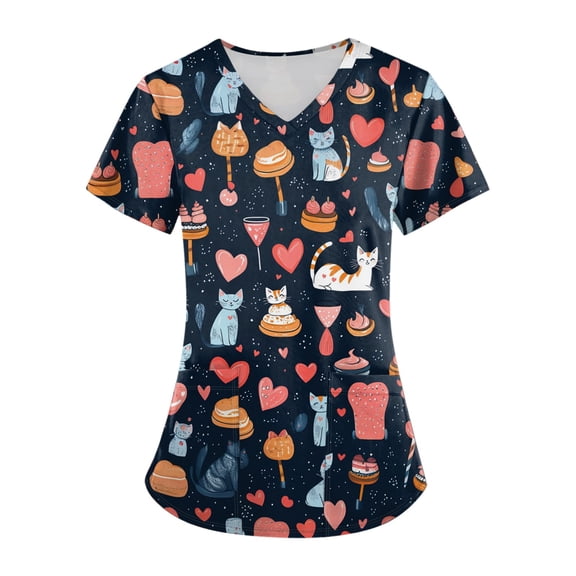 Xyxonk Scrub Tops for Women's Plus Size Cartoon Printed V Neck Tops Cute Short Sleeve Stretch Uniforms with Pockets Navy L