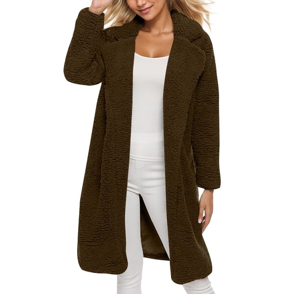 Xyxonk Sherpa Fleece Jacket Women Long - Lapel Collar Open Front Jacket Fall Winter Casual Long Sleeves Outwear,Coffee S