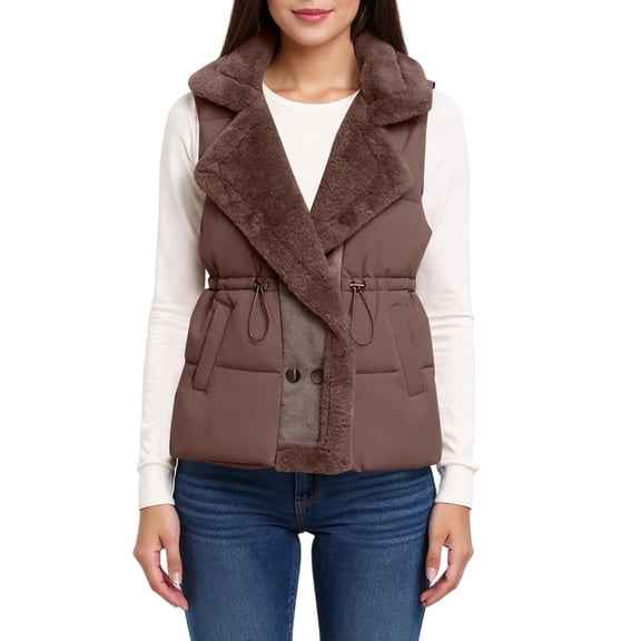 Xyxonk Sherpa Vest Women Elegant Notched Lapel Double-Breasted Fuzzy Fleece Lined Vest Warm Cozy Sleeveless Winter Coats,Khaki L