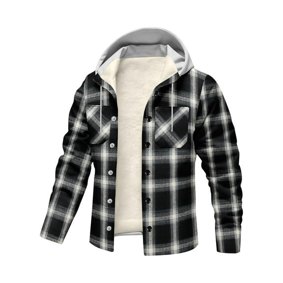 Xyxonk Shirts for Men Plaid Flannel Button Down Hoodie 2025 Big and Tall Fall Jacket with Pocket Heavyweight Long Sleeves Outfits,Black M
