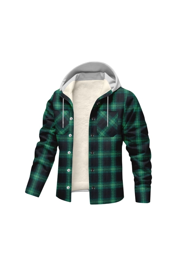 Shirts for Men Plaid Flannel Button Down Hoodie 2025 Big and Tall Fall Jackets with Pockets Work Long Sleeve Clothes,Green M