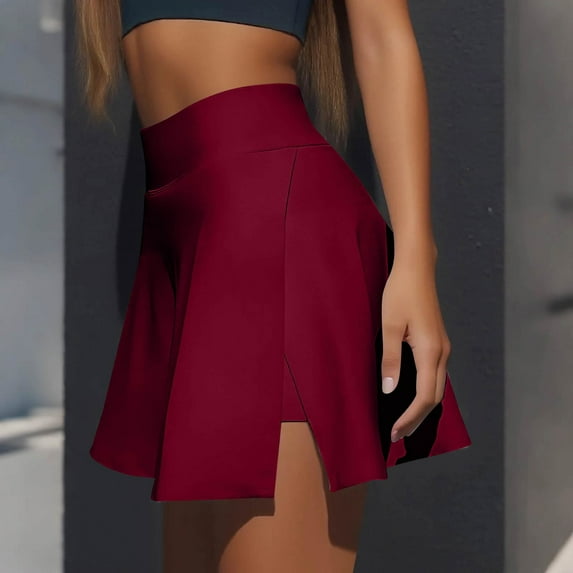 Xyxonk Skorts for Women with Pockets Side Slit Tennis Athletic Skirt with Pockets Dressy Casual High Waisted Mini Skirt Trendy Workout Solid Color Sport Skorts Wine S