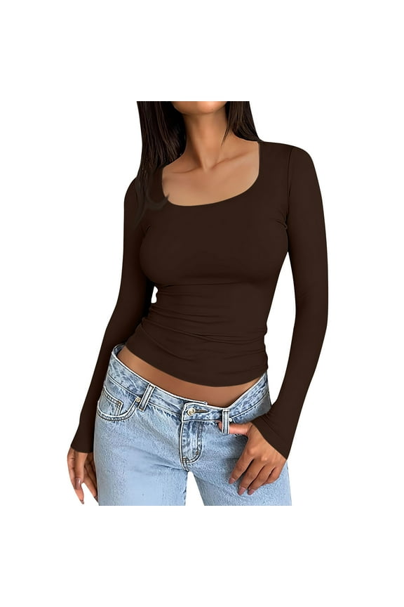 Square Neck Tops for Women Trendy Tight Long Sleeve Tops Casual Knitted Basic Shirts Thermal Solid Color T Shirts Fall Y2k Clothing Brown XL