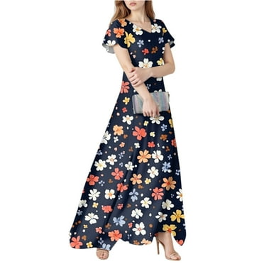 Xyxonk Summer Dresses for Women Bobo Floral Printed Short Sleeve Dresses 2025 Trendy V Neck Wedding Guest Long Maxi Dresses Black L