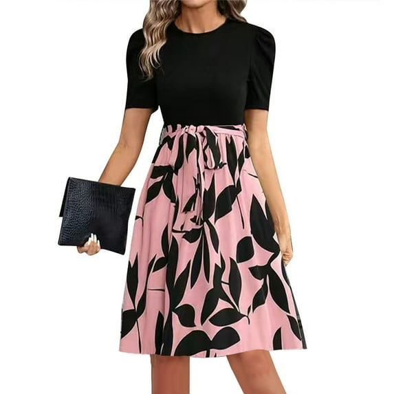 Xyxonk Womens Midi Dress Short Sleeve Teacher Dress with Belt Modest Semi-Formal Crew Neck Floral Printed 2025 Vintage a Line Tea Length Dress Pink XL