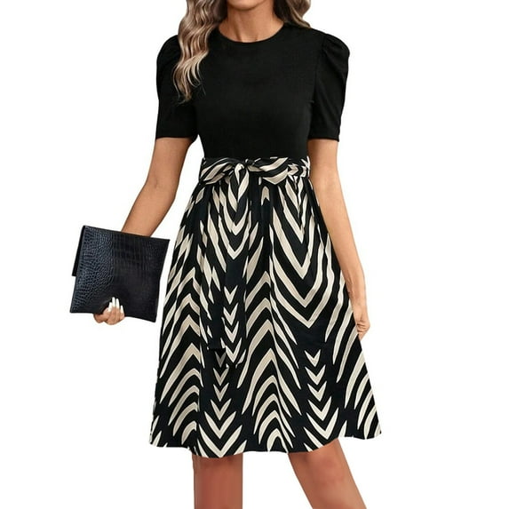 Xyxonk Summer Dresses for Women Short Sleeve Teacher Dress with Belt Fashion Trendy Crew Neck Floral Printed 2025 Vintage Beach Sundress Brown L