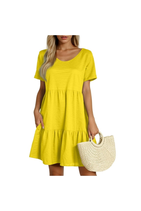 Summer Dresses for Women Short Sleeve Flowy Swing Dress 2025 Trendy Solid Color Crewneck Vocation Dresses Yellow XL