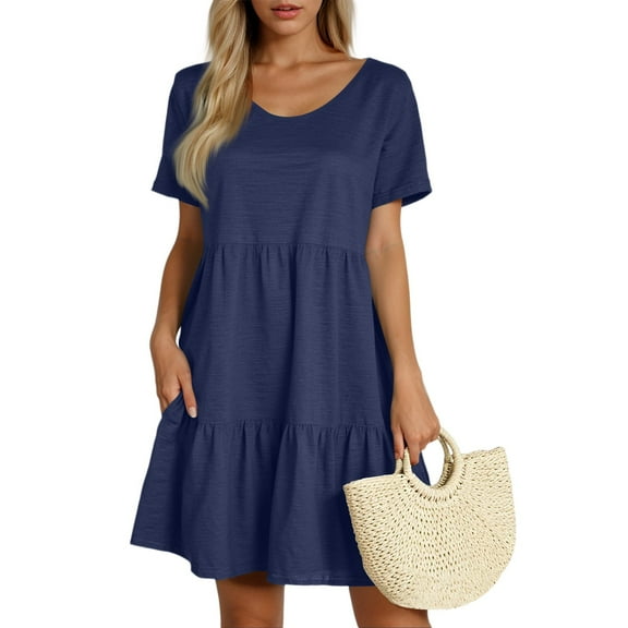 Xyxonk Summer Dresses for Women Short Sleeve Flowy Swing Dress Babydoll Elegant Solid Color Crewneck Beach Dresses Navy S