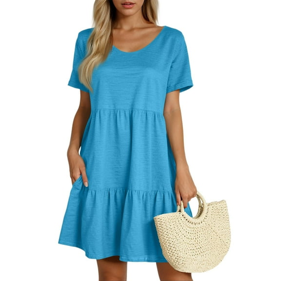 Xyxonk Summer Dresses for Women Short Sleeve Flowy Swing Dresses Baby Doll Solid Color Crewneck Vocation Dresses Blue M