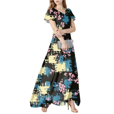 Xyxonk Summer Dresses for Women's Bobo Floral Printed Short Sleeve Dresses Elegant Fashion V Neck Wedding Guest Long Maxi Dresses Blue M