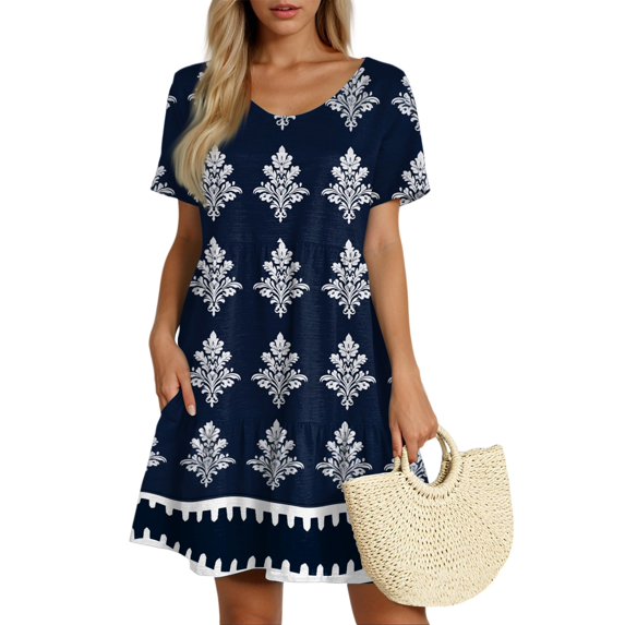 Xyxonk Summer Dresses for Womens Short Sleeve Flowy Swing Dress Soft Comfortable Bohemian Crewneck Beach Dresses Blue S