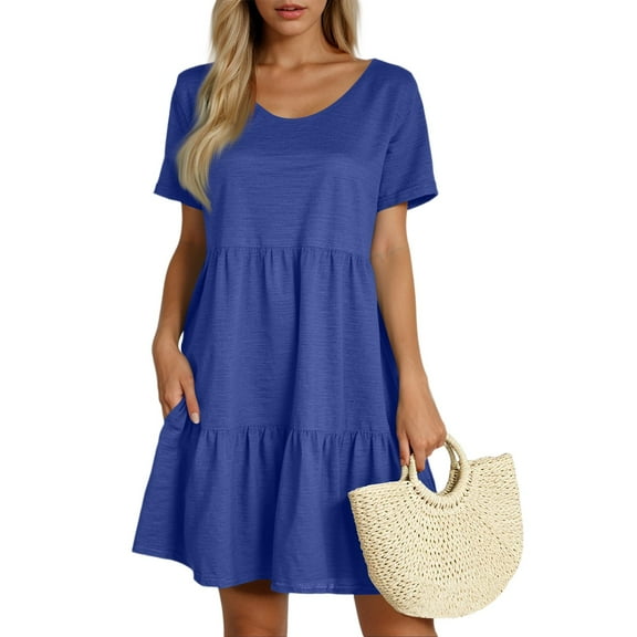 Xyxonk Summer Dresses for Womens Short Sleeve Flowy Swing Dress Soft Comfortable Solid Color Crewneck Mini Short Tunic Dress Royal Blue M