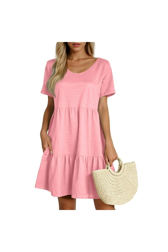 Summer Dresses for Womens Short Sleeve Flowy Swing Tunic Dresses Baby Doll Solid Color Crewneck Mini Short Tunic Dress Pink 2XL
