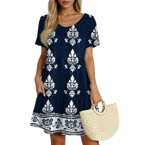 Xyxonk Summer Dresses for Womens Short Sleeve Flowy Swing Tunic Dresses Babydoll Elegant Bohemian Crewneck Mini Dress Sundress Navy L