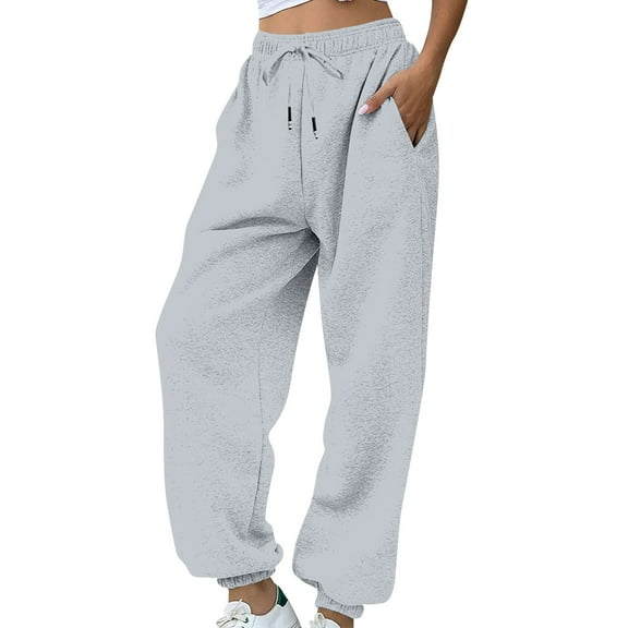 Xyxonk Sweat Pants for Womens Elastic Waist Drawstring Hiking Pant with Pockets Loose Wide Leg High Waisted Sweatpant Trendy Soft Solid Color Fall Trouser Light Gray M