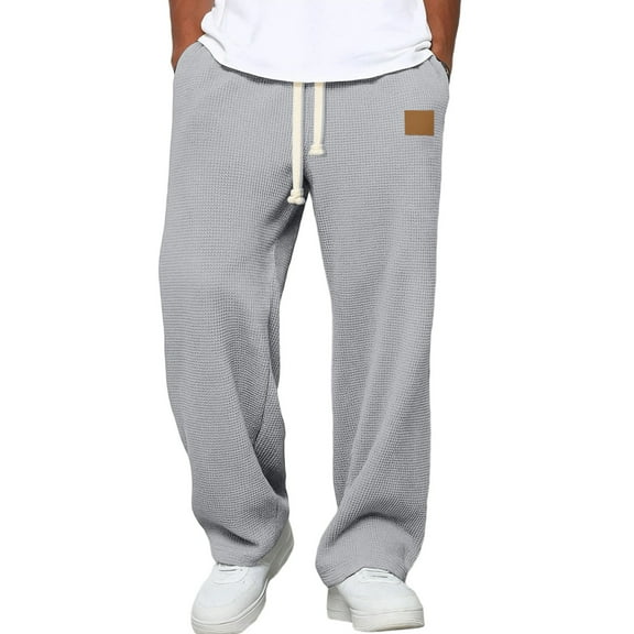 Xyxonk Waffle Sweatpants Men Drawstring Wide Leg Wide Leg Baggy Pant Lightweight Breathable Hiking Sweatpant Fall Winter Textured Elastic Waist Trouser,Gray L