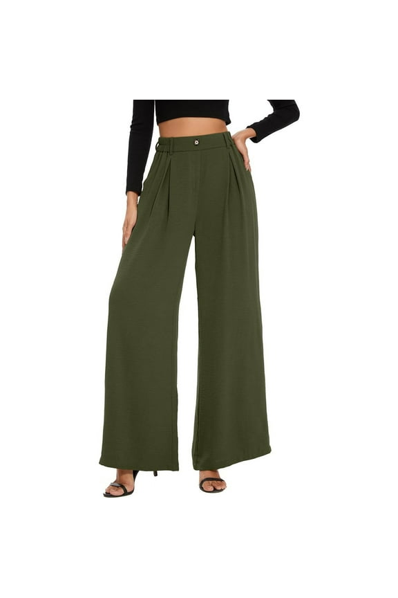 Wide Leg Dress Pants for Women Loose Fit High Waisted Work Dress Pants Business Office Long Straight Dress Pants Trousers with Pockets, Army Green L