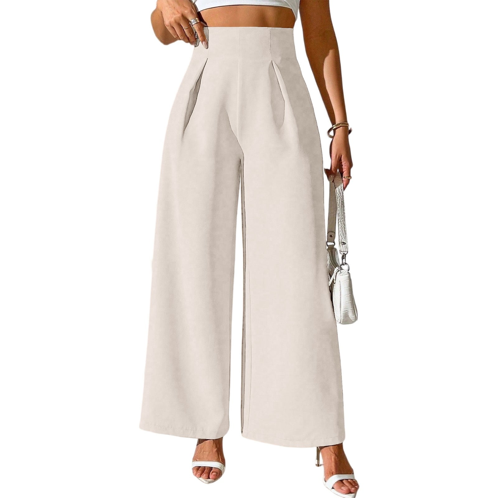 パンツ Asymmetrical waist wide straight slacks Asymmetrical Contrast Waistband Wide Leg Dress Pants | COMMENSE