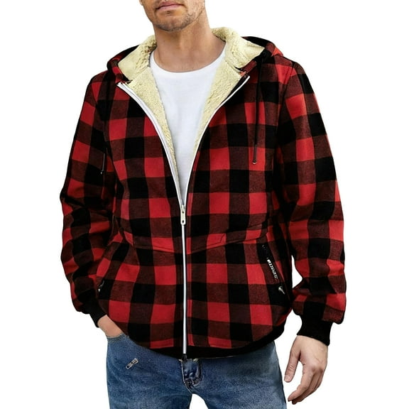 Xyxonk Winter Heavy Warm Sherpa Lined Fleece Plaid Flannel Jacket Men Plus Size M-3XL Big&Tall Mens Coat with Pocket,Red005 2XL