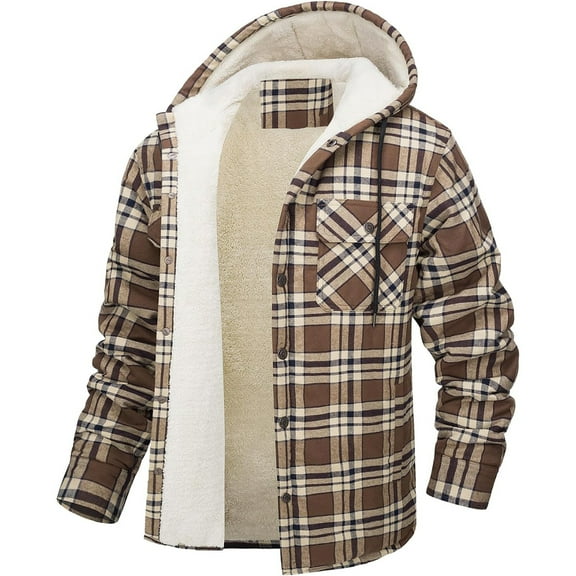Xyxonk Winter Heavy Warm Sherpa Lined Fleece Plaid Flannel Jacket Men Plus Size M-3XL Big&Tall Mens Coat with Pockets,Khaki L
