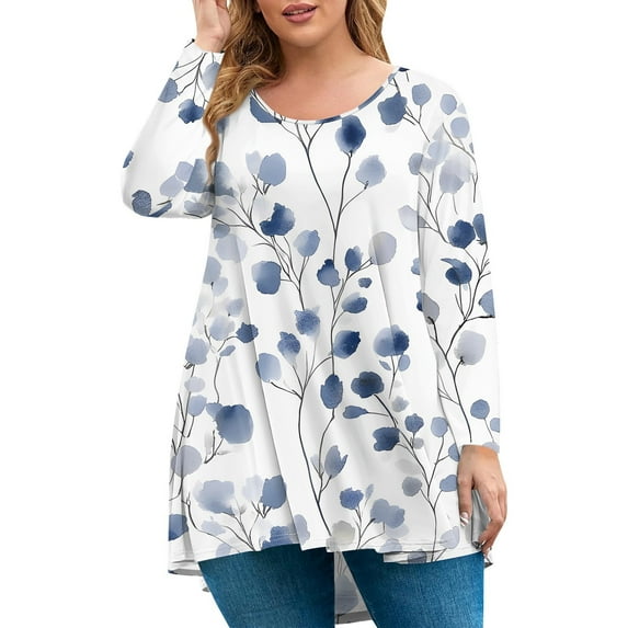 Xyxonk Women Plus Size Tops 4x-5x Fall Crew Neck Tunic Shirts Floral Graphic T-Shirt Long Sleeve Tee Shirt Tops Dressy Casual Womens Clothing Light Blue L
