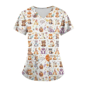 Xyxonk Women Scrub Tops Cartoon Printed Plus Size V Neck Shirts Working Short Sleeve Stretch Easy Care Uniforms with Pockets Beige 5XL