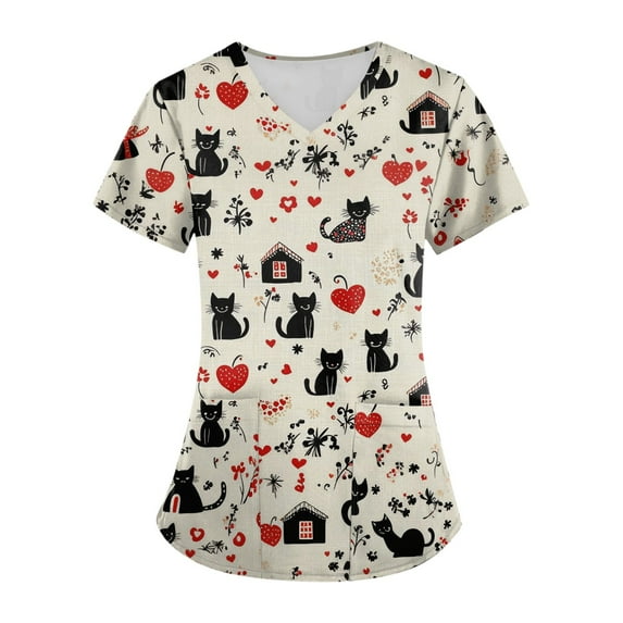 Xyxonk Women Scrub Tops Plus Size Cartoon Printed V Neck Shirts Fashion Short Sleeve Stretch Nursing Uniforms with Pockets Beige L