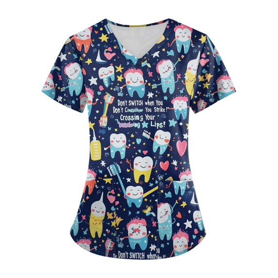Xyxonk Women Scrub Tops Plus Size Cartoon Printed V Neck Shirts Loose Fit Short Sleeve Stretch Uniforms with Pockets Navy 3XL