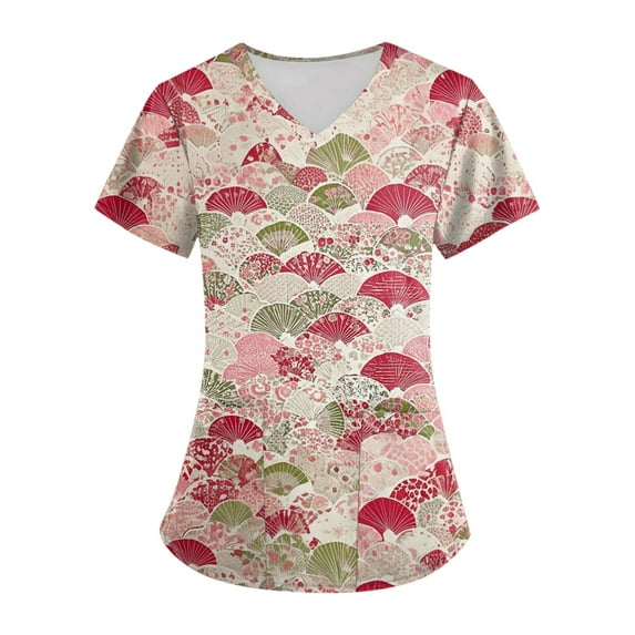 Xyxonk Women Scrub Tops Plus Size Cartoon Printed V Neck Tops Loose Fit Short Sleeve Stretch Uniforms with Pockets Light Purple S