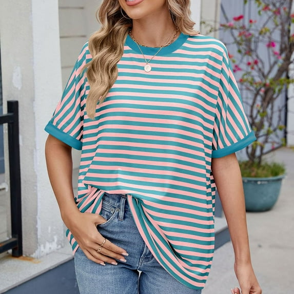 Xyxonk Women Striped T Shirt Casual Short Sleeve Crewneck Shirts Loose Matching Color Sweatshirt Comfort Knitted Fall Tops Graphic Clothes Royal Blue L