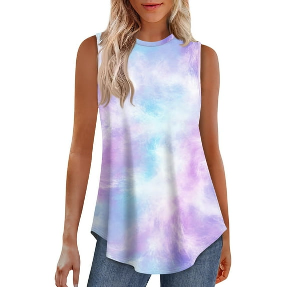Xyxonk Women Tank Tops Loose Fit Plus Size Casual Travel Square Neck Tank Tops Swing Tie Dye Print Sleeveless Summer Shirts Beach Vacation Clothes Light Purple M