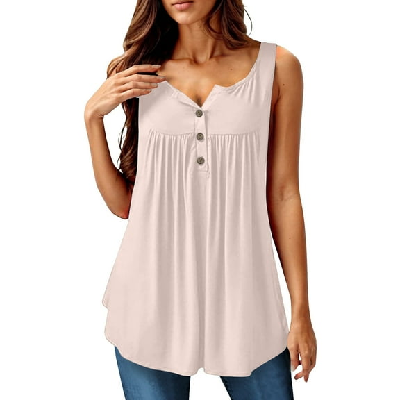 Xyxonk Women Tunic Tops Plus Size V Neck Sleeveless Tank Tops Blouses Casual Swing Flowy Pleated Solid color Trendy Summer Clothes Beige2XL
