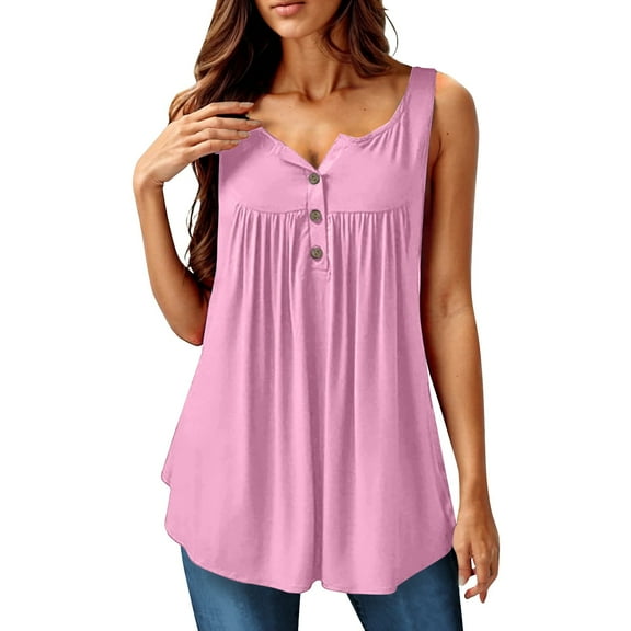 Xyxonk Women Tunic Tops Plus Size V Neck Sleeveless Tops Summer Flowy Pleated Solid color Blouses with Buttons PinkS