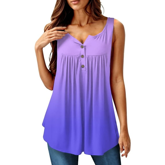 Xyxonk Women Tunic Tops V Neck Plus Size Sleeveless Tunic Tops Summer Flowy Pleated Gradient 2025 Trendy Summer Clothes Purple 2XL