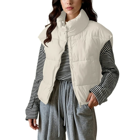 Xyxonk Women Winter Oversized Puffer Vest Quilted Lightweight Stand Collar Sleeveless Padded Puffy Jackets Coat with Pockets,Beige M