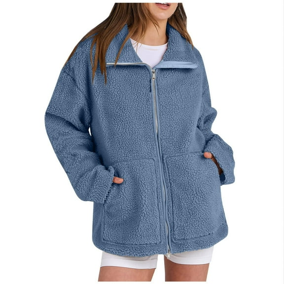 Xyxonk Women Winter Warm Fuzzy Fleece Sherpa Jacket Long Sleeves Zip Up Thickened Coat 2025 Fashion Jackets with Pocket Stand Collar Outwear,Blue 2XL
