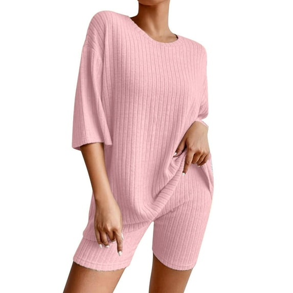 Xyxonk Women's 2 Piece Outfits Ribbed Knit Sets Short Sleeve Casual Shorts Set Loungewear Sets for Women Pink S