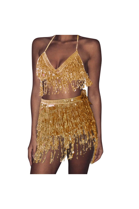 Women's Belly Dance Costume Sequin Bra Tassel Top with Chest Party Club Wear Bra Top,Yellow