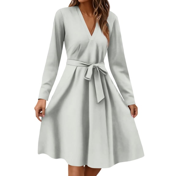 Xyxonk Women's Casual Dresses Fashion Long Sleeve Teacher Dress Winter Tie Waist A-Line Dresses Casual V-Neck Solid Color Dress Light Gray XL