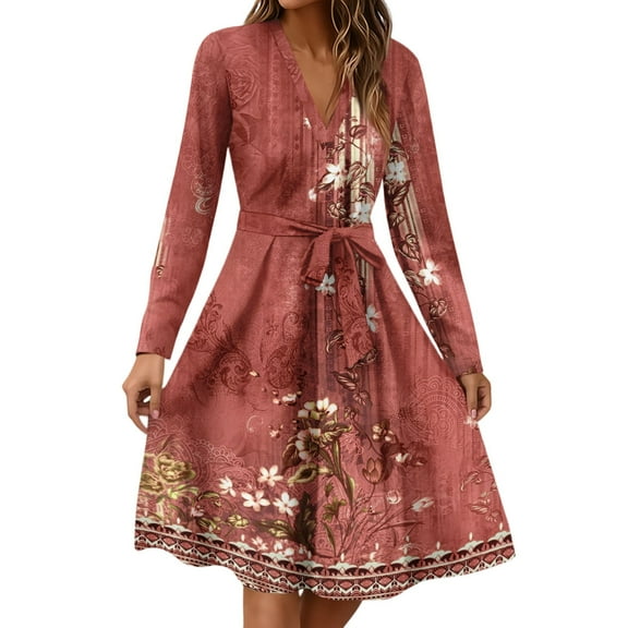 Xyxonk Women's Casual Dresses Formal Long Sleeve Teacher Dress Winter Tie Waist a Line Dresses Office V Neck Floral Print Dress Red M