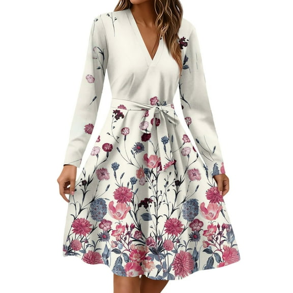 Xyxonk Women's Casual Dresses Trendy Long Sleeve Teacher Dress Winter Tie Waist a Line Dress Casual V Neck Floral Print Dresses Pink M