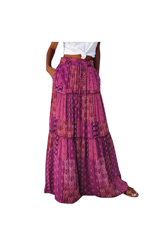 Women's Flowy Elastic Long Maxi Skirt Boho Vintage Floral Print High Waist Tie Skirt Bohemian Pleated Vocation Skirt with Pockets Purple M