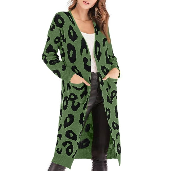 Xyxonk Women‘s Fall Winter Cardigans Leopard Print Long Sweaters Open Front Knit Coat with Pocket 2025 Fall Lightweight Outwear,Green M