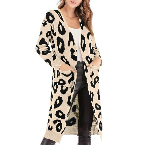 Xyxonk Women‘s Fall Winter Cardigans Leopard Print Long Sweaters Open Front Knit Coats with Pocket 2025 Fall Lightweight Outwear,Khaki L