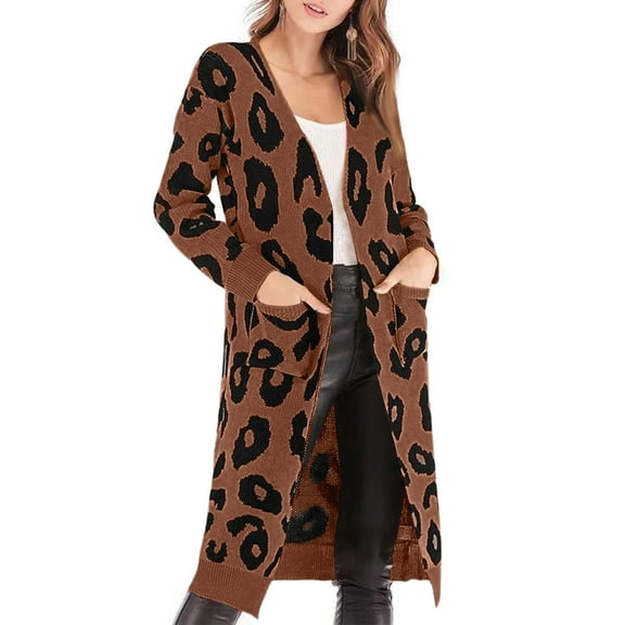 Xyxonk Women‘s Fall Winter Cardigans Leopard Print Long Sweaters Open Front Knit Coats with Pocket 2025 Winter Casual Outwear,Coffee M