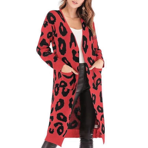 Xyxonk Women‘s Fall Winter Cardigans Leopard Print Long Sweaters Open Front Knit Coats with Pockets 2025 Fall Winter Casual Outwear,Red 2XL