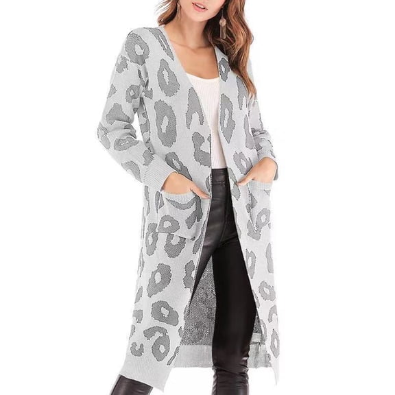 Xyxonk Women's Fall Winter Long Sleeves Cardigans Leopard Print Sweater Open Front Knit Coat with Pocket 2025 Fall Lightweight Outwear,Gray M