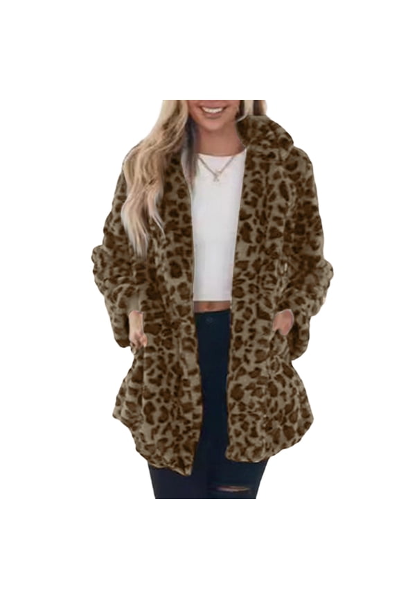 Women's Faux Fur Long Coat Leopard Long Sleeve Fall Winter Thickened Coats Double-Sided Velvet Stand Collar Jackets with Pockets Trendy Plush Zipper Outwear,Coffee XXL