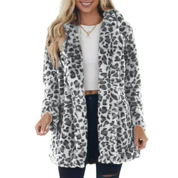 Xyxonk Women's Faux Fur Long Coat Leopard Long Sleeves Fall Thickened Coats Double-Sided Velvet Stand Collar Jacket with Pocket Fashion Plush Zipper Outwear,White L